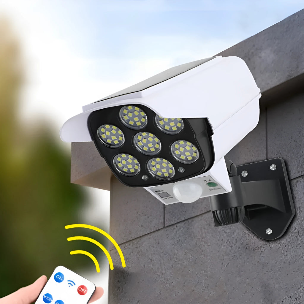 Outdoor solar simulation monitor lamp with abstract design for courtyard wall mounting.