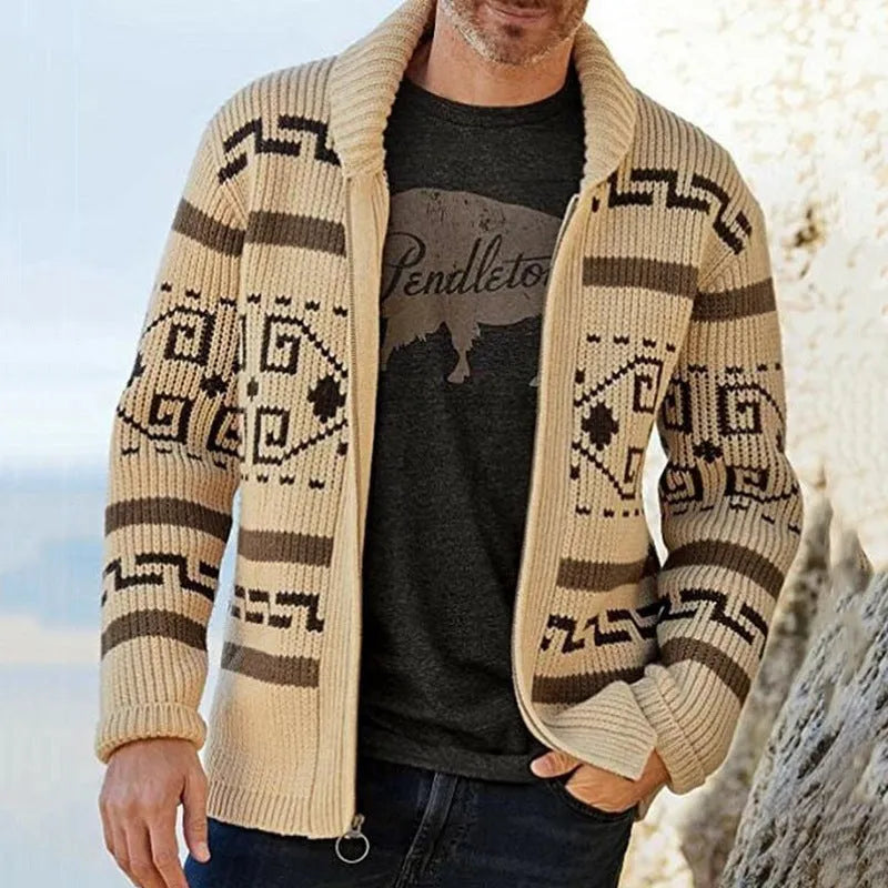 Men's jacquard cardigan jacket with lapel collar and long sleeves in khaki, grey, or navy blue.