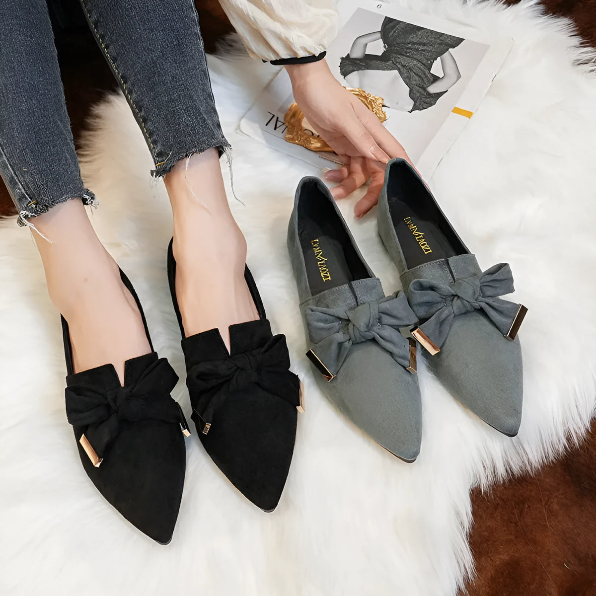 Flat slip-on pumps with low heel, imitation leather lining, beef tendon sole, black or gray, sizes 34-43