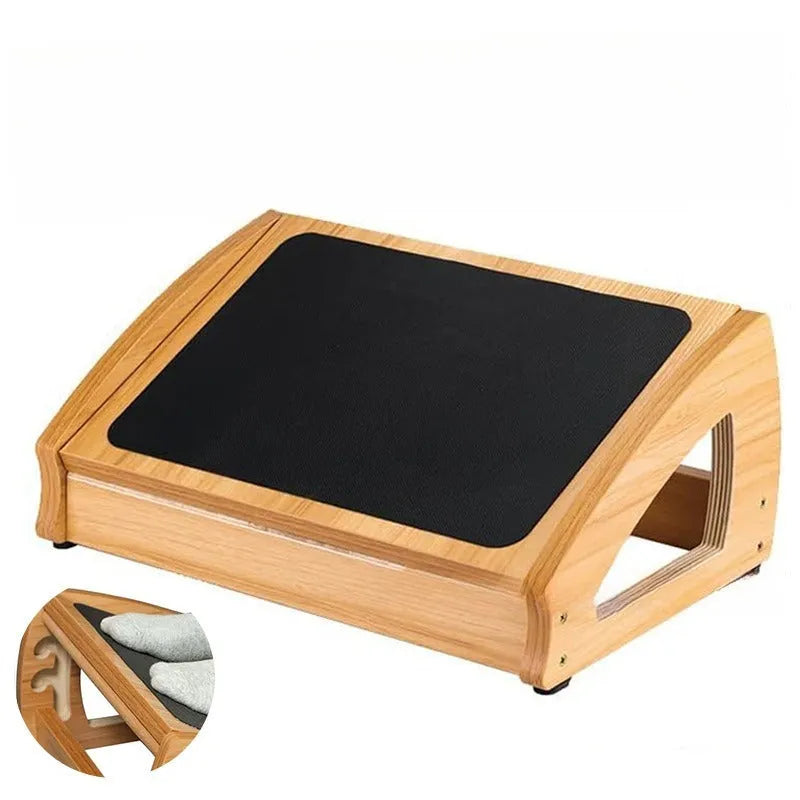 Wooden adjustable height office desk footstool in a natural wood colour.
