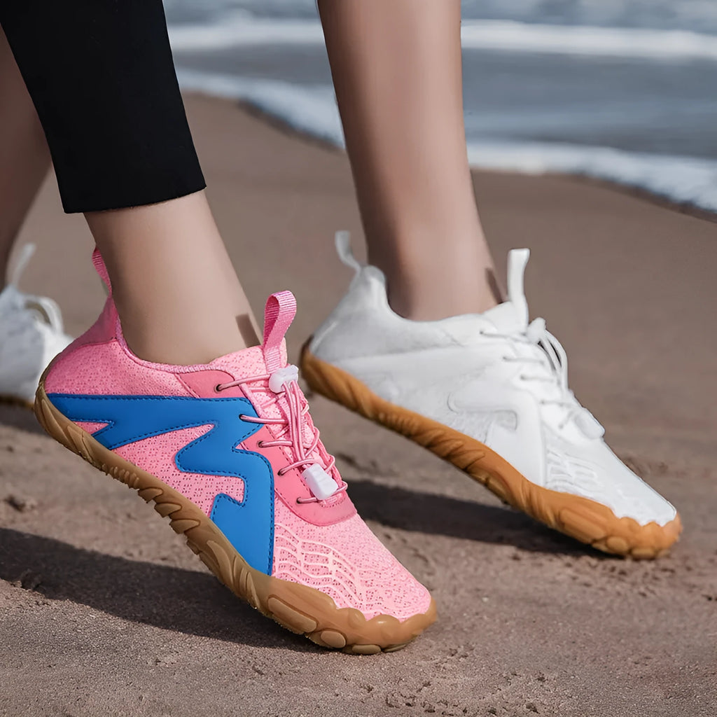 Couple Sports Climbing Shoes in Flyknit with rubber sole, shown in multiple colour options.