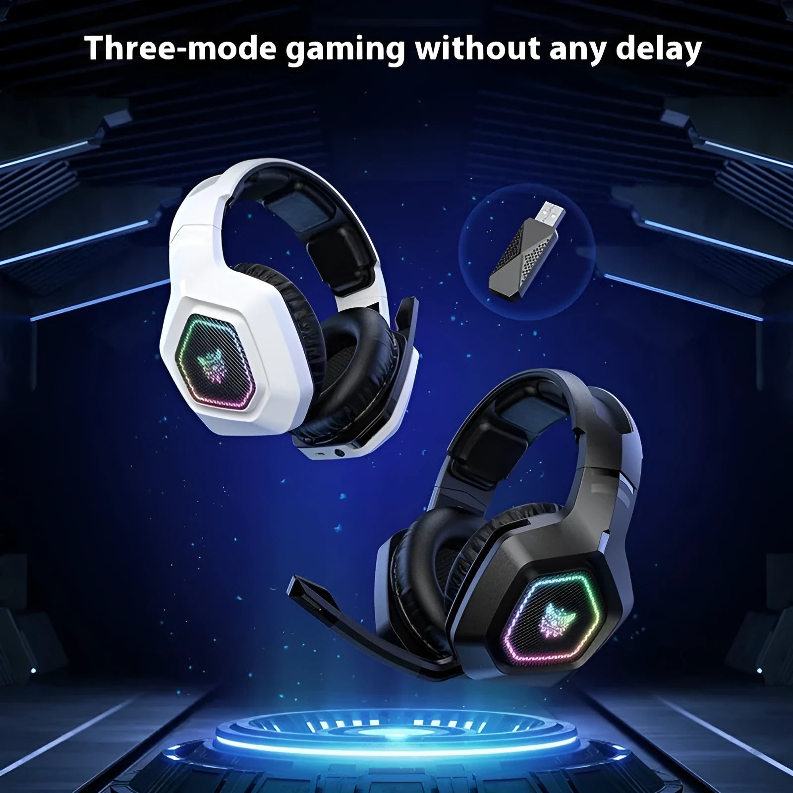 Black and white wireless gaming headset with RGB lighting on ear cups