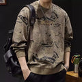 Men's round neck print sweatshirt, long sleeve loose fit, wool lined, brown or green, sizes XS to 5XL