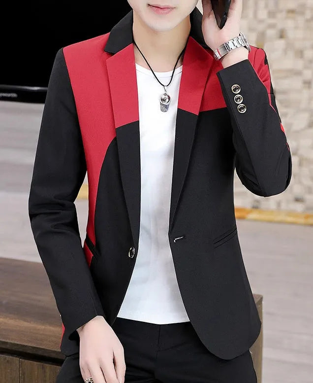 Blazer Hombre Man Suit Coat in Black and Red Asian fit polyester formal blazer