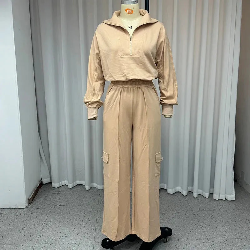 Women's light camel polyester lapel top and high waist wide leg trousers two-piece workwear set