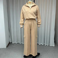 Women's light camel polyester lapel top and high waist wide leg trousers two-piece workwear set