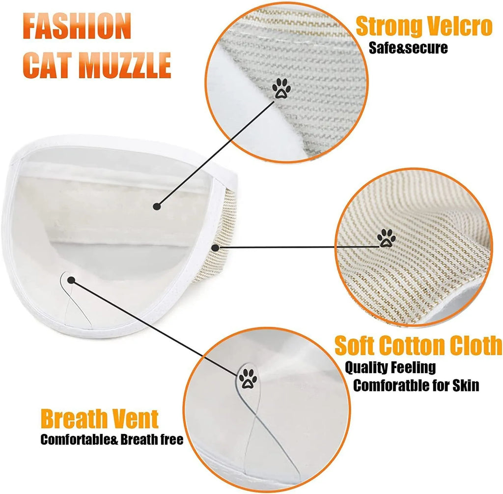 Clear transparent cat muzzle with breathable cotton construction and central breathing hole
