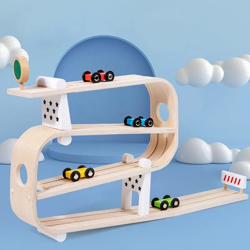 Children's wooden multi-layer inertial sliding car track toy in a colour slide variant for kids aged 4-6.
