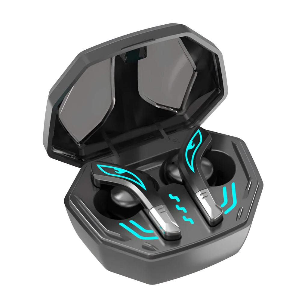 X15 black wireless in-ear Bluetooth headphones with charging case and cable.