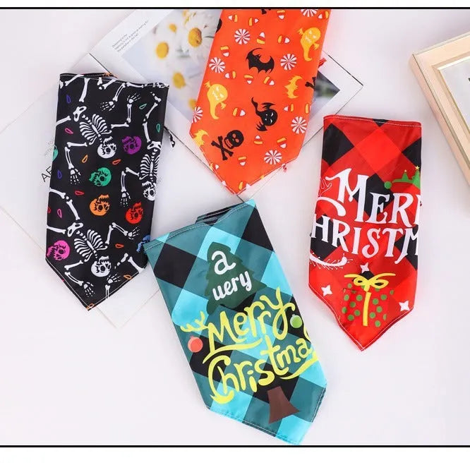 Halloween themed nylon pet scarf with cartoon print available in cutting and folding sizes for dogs and cats