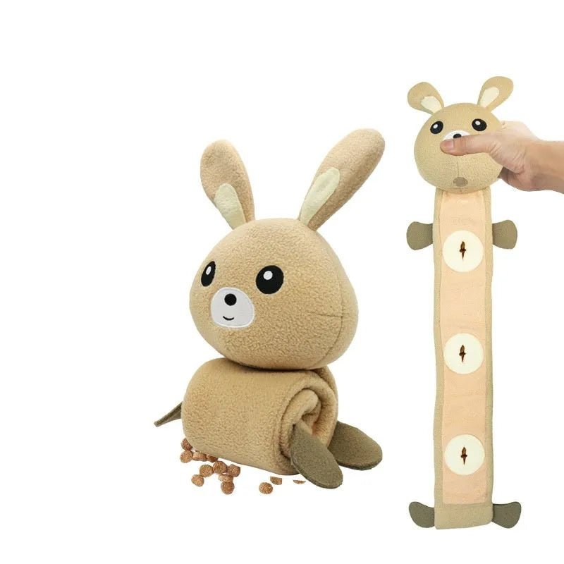Poached bunny coloured plush dog training toy with food hiding compartments