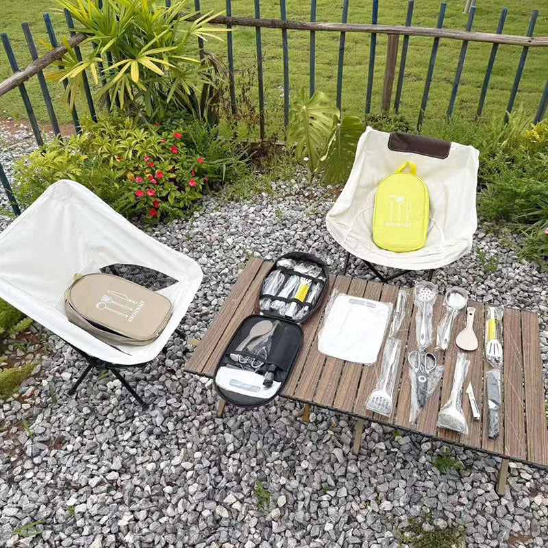 12-piece stainless steel picnic kitchenware set in portable storage bag with khaki exterior