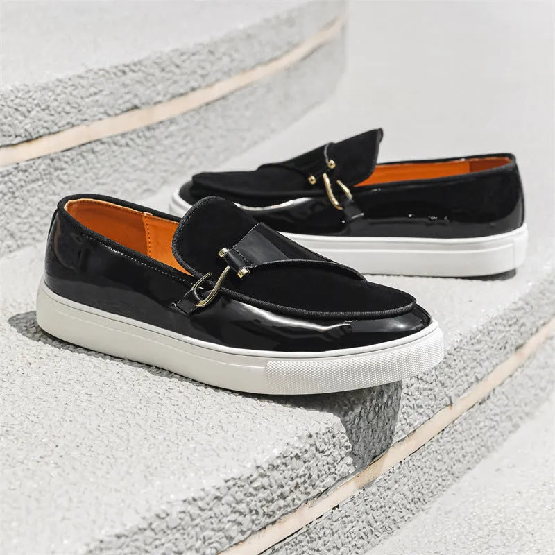 Men's solid colour casual shoes in black artificial PU leather on a neutral background