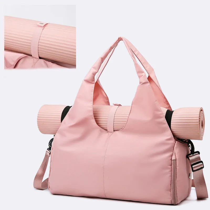 Women's large capacity Oxford cloth yoga bag with dry and wet separation in grey, shown with a yoga mat and laptop inside