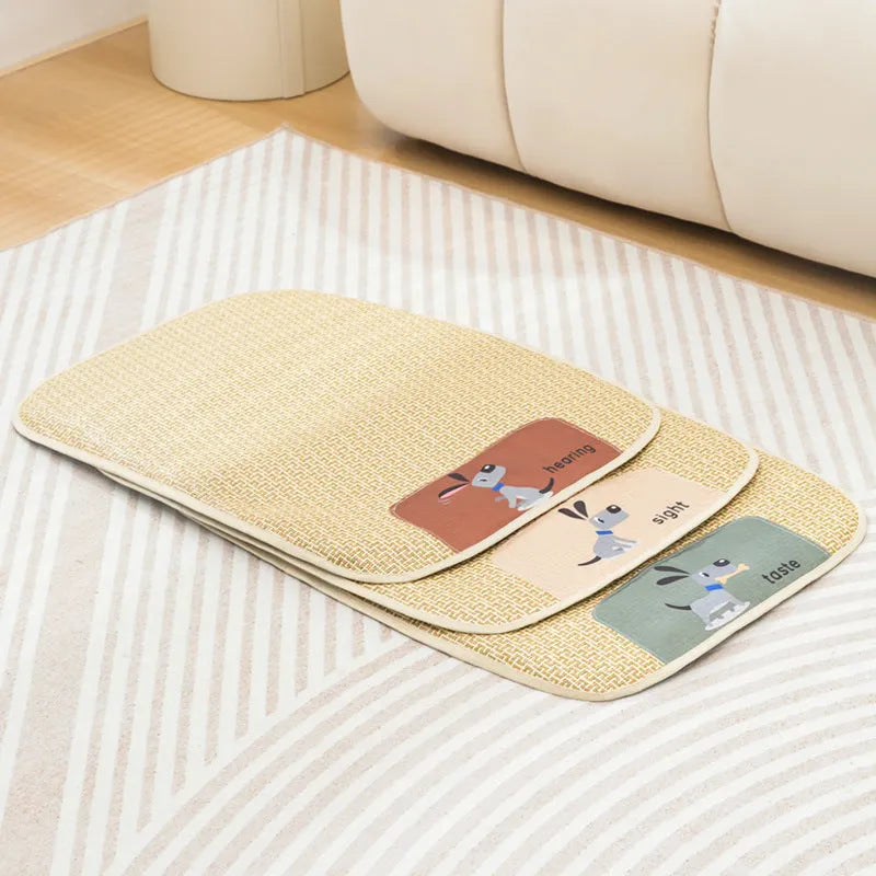 Beige woven cooling mat for cats and dogs on a wooden floor, showing size M