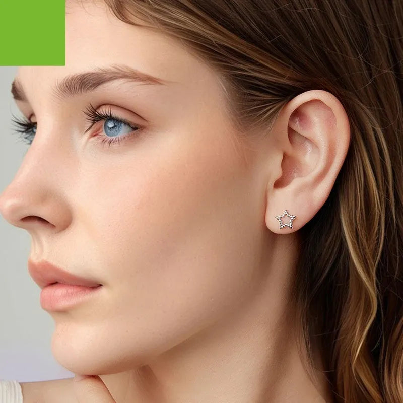 S925 sterling silver star stud earrings with electroplated finish, simple classic silver studs for women, supplied as a pair
