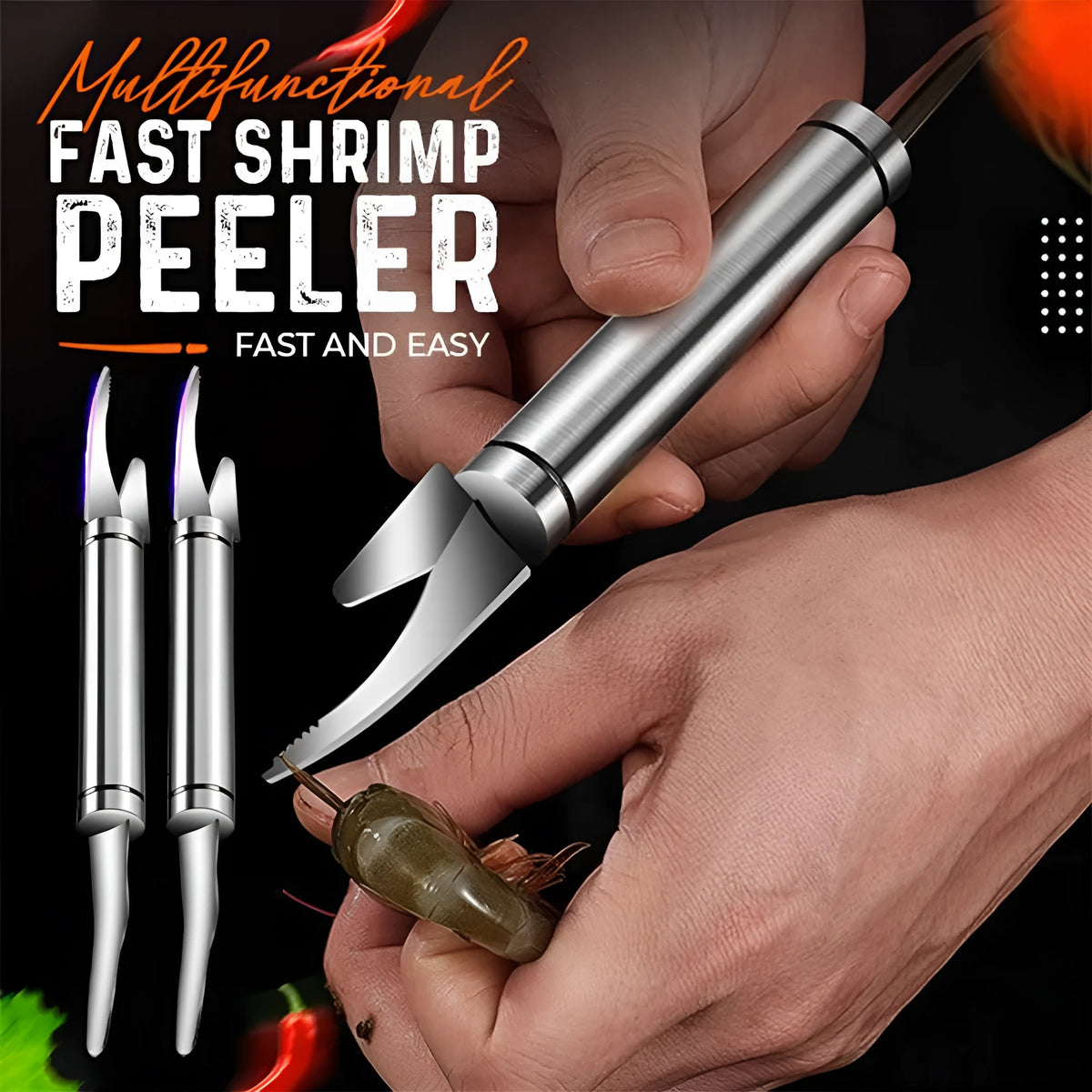 Multifunctional 304 stainless steel shrimp remover knife with eagle-beak tip and double row blades for peeling shrimp, splitting fish and scaling
