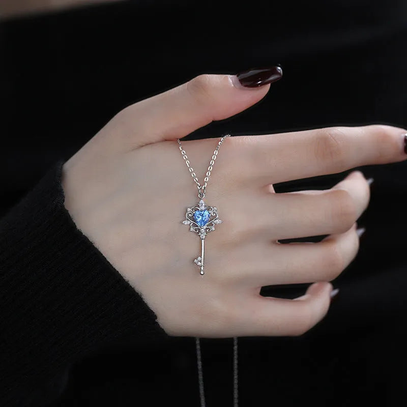 S925 sterling silver guard key necklace with zircon inlay on cross chain, blue colour option