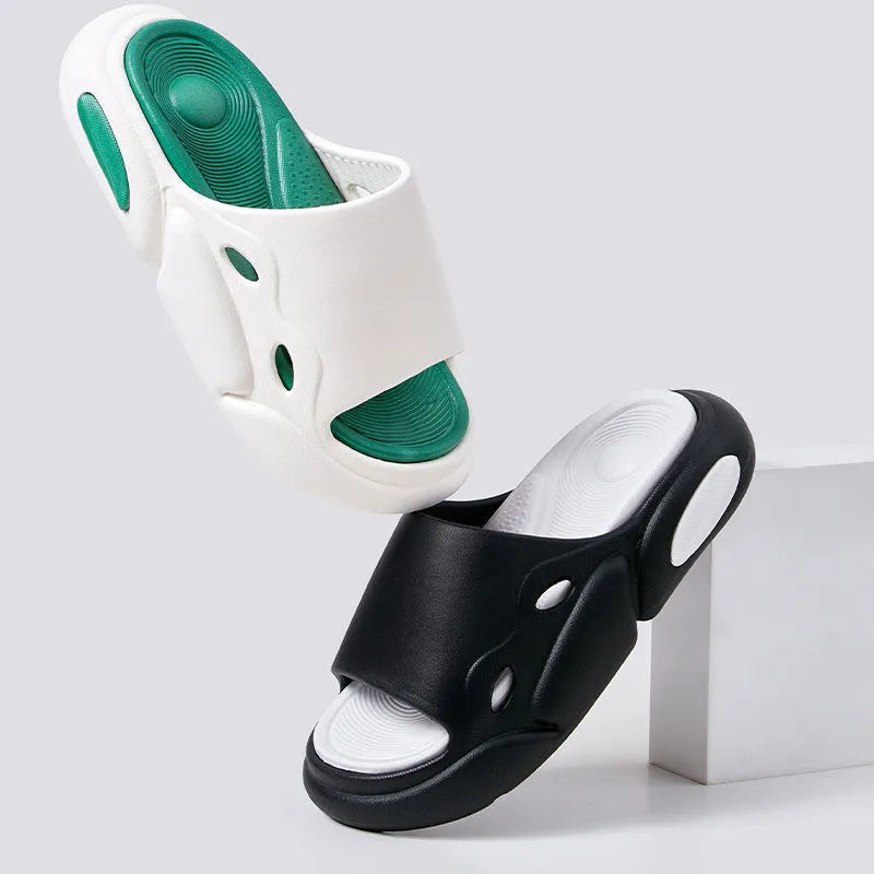 Women's two-colour slippers with thick EVA soles and leather lining in pink purple, white green, and black white.