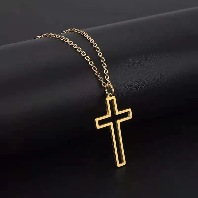 Hip hop style titanium steel cross necklace with electroplated gold finish on stainless steel chain