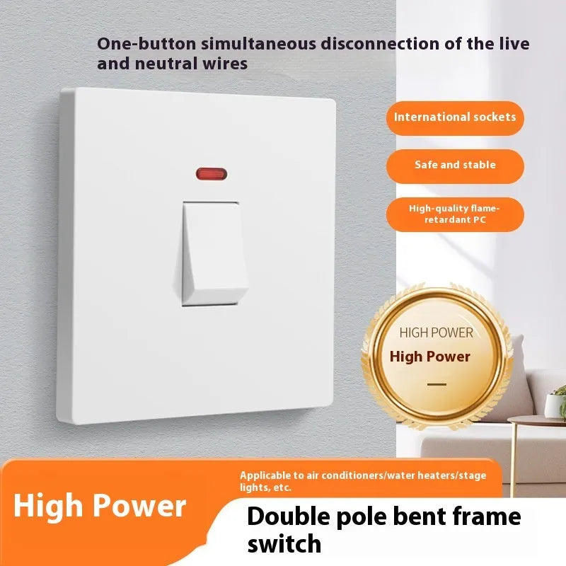 Gold coloured high current electrical switch with illuminated panel for water heater and air conditioner.