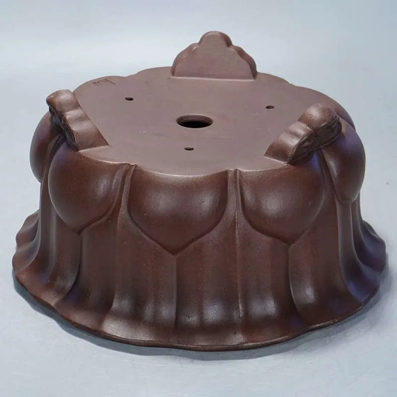 Square antique purple-red clay succulent bonsai pot on a table, measuring 37cm wide.