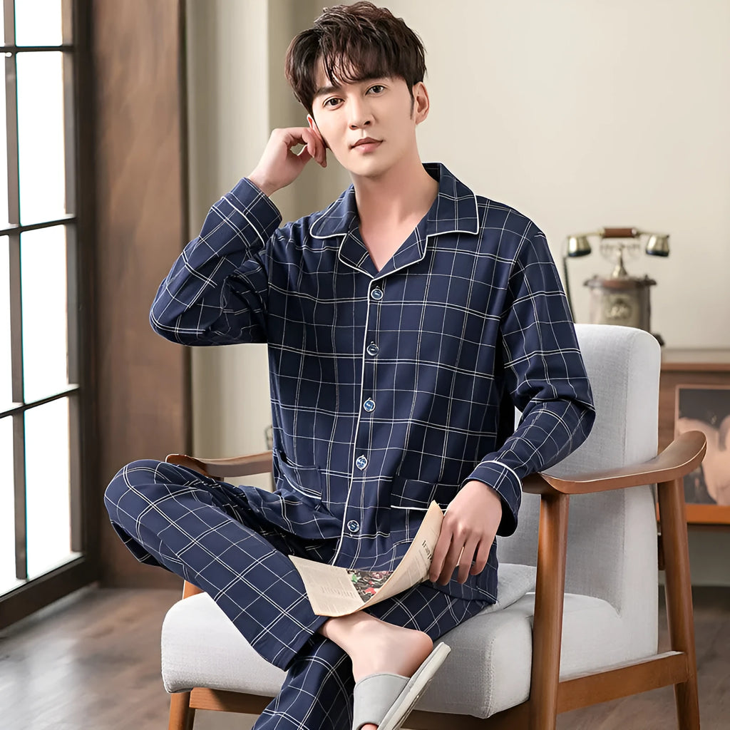 Men's cotton cardigan pyjama set in long sleeve top and trousers, available in five colours and sizes M to XXXXL