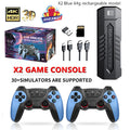 X2 Blue game console with two wireless handles and HDMI cable on a white background