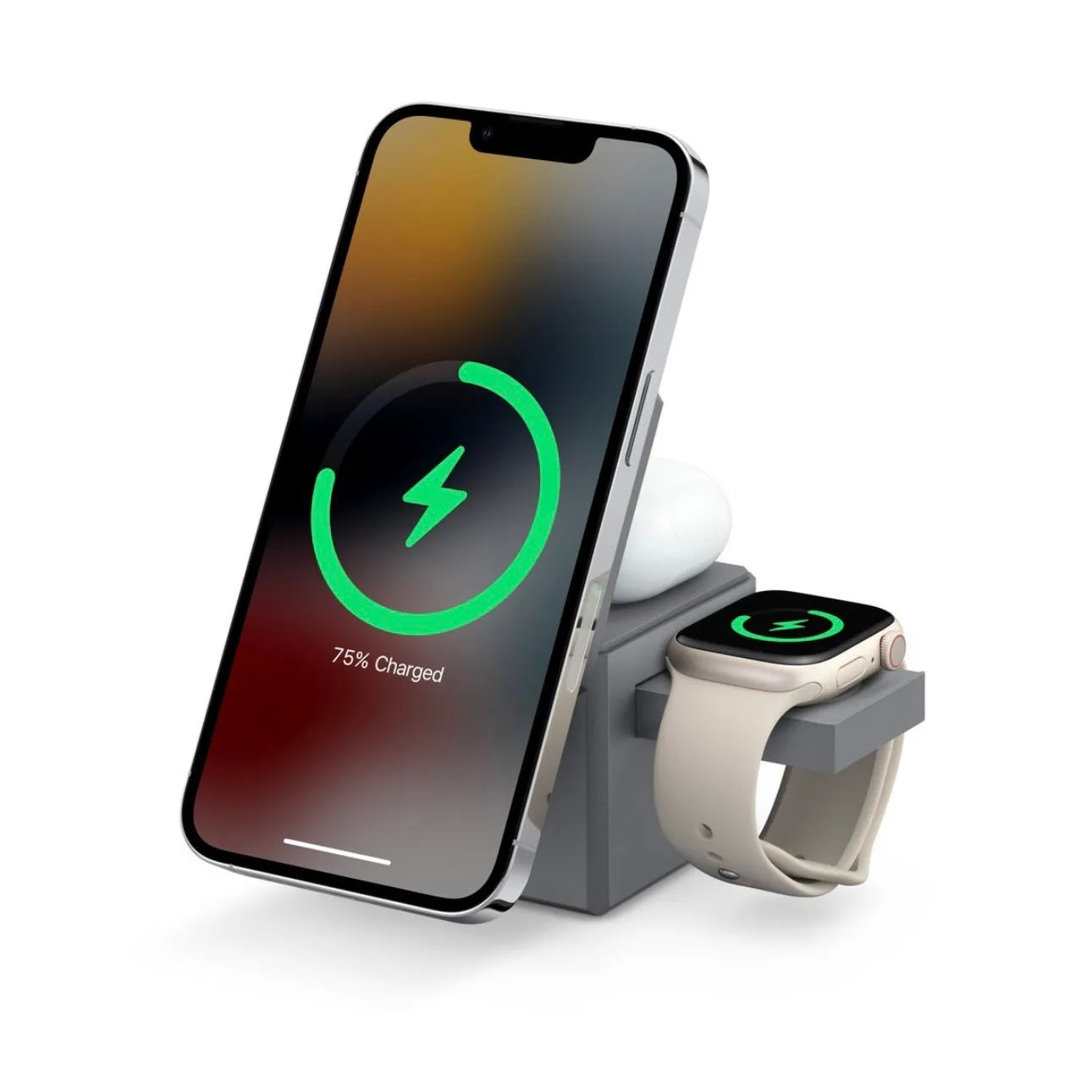 Foldable magnetic wireless charger for iPhone, AirPods and Apple Watch on a table