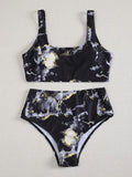 Women's marble tie-dye high waist bikini swimwear with U-neck design in separated two-piece style