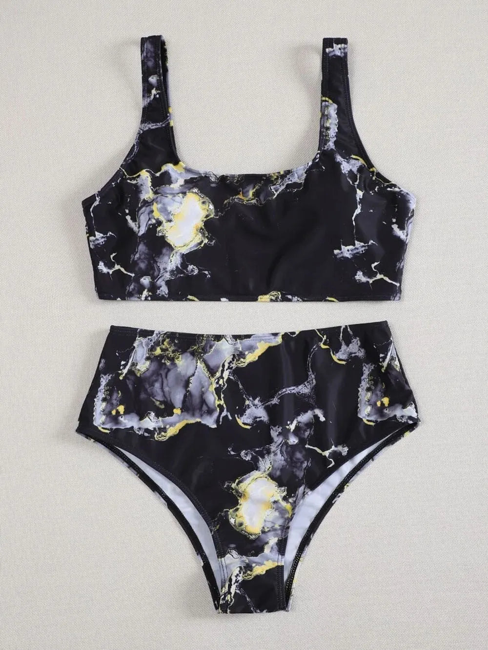 Women's marble tie-dye high waist bikini swimwear with U-neck design in separated two-piece style