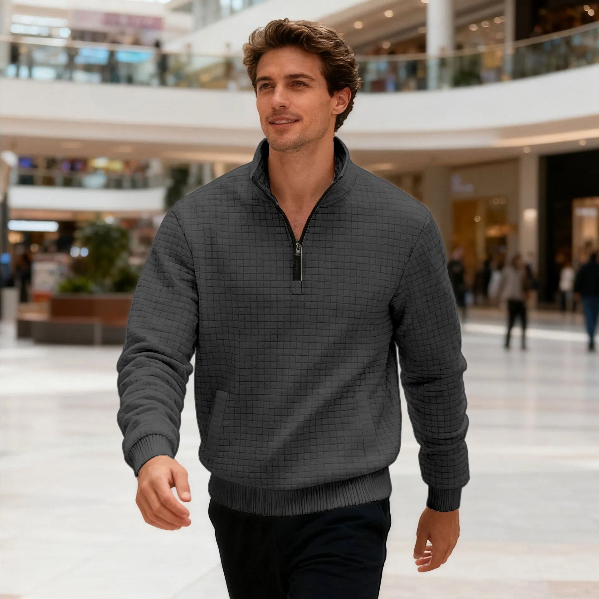 Men's stand-up collar long sleeve jacquard small check sweatshirt in light gray side view