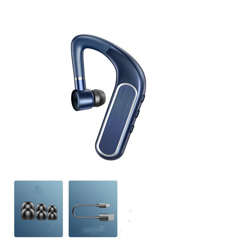 Black Bluetooth hanging-ear earphones for sports, shown with charging case and spare ear caps.