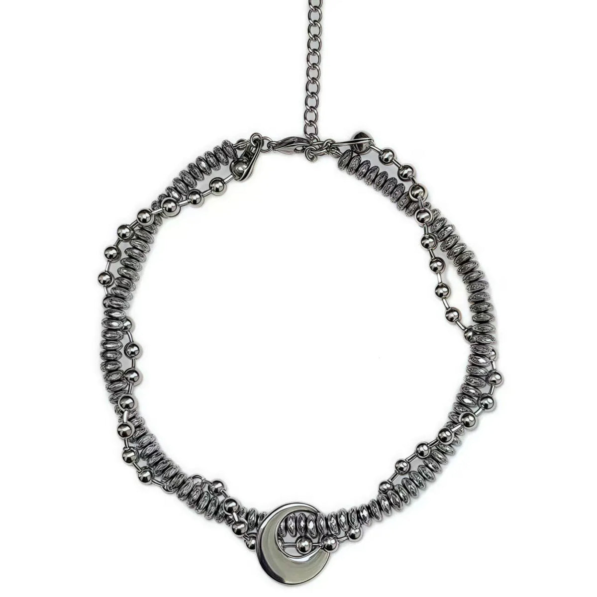 Silvery hand-woven titanium steel hip hop necklace with winding heavy industry chain texture on white background