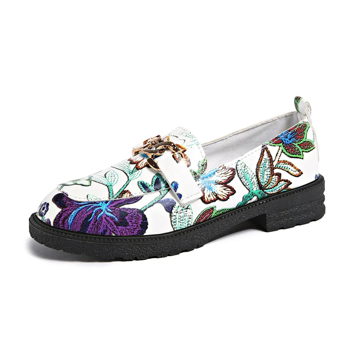 Plus size British style loafers with chunky heel, flower chain, and round toe in colour 01-3