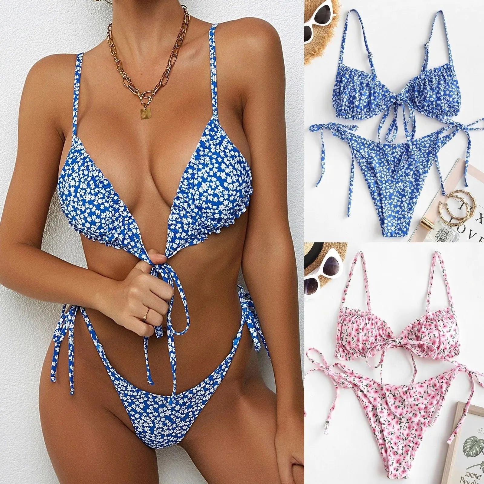 Blue printed women's swimsuit with multi-rope banded detailing and lapel collar