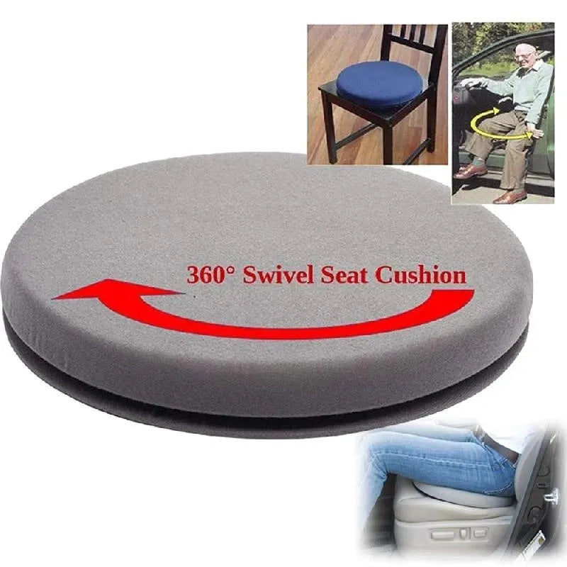A grey rotating car seat cushion on a car seat, showing its non-slip base and plush fabric texture.
