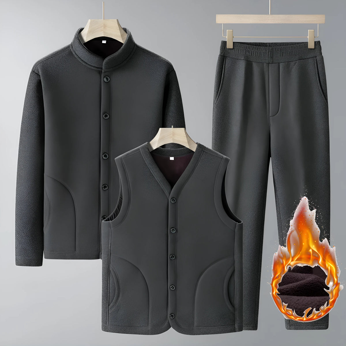 Men's large size dark gray velvet sport suit with long-sleeve coat and trousers, polyester fabric with wool lining