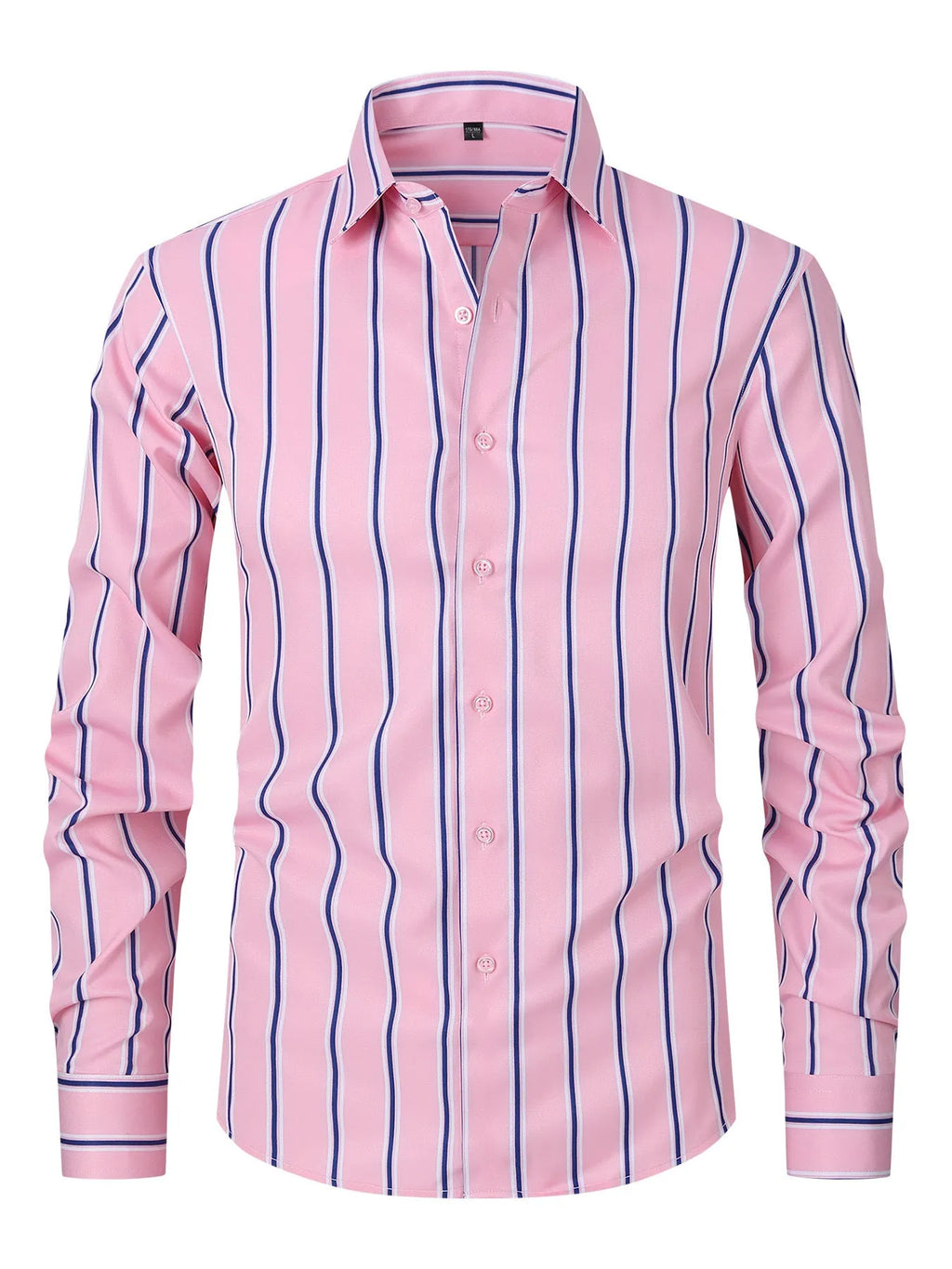 Men's slim fit striped long sleeve business shirt in ice silk fabric on a hanger.