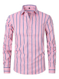 Men's slim fit striped long sleeve business shirt in ice silk fabric on a hanger.