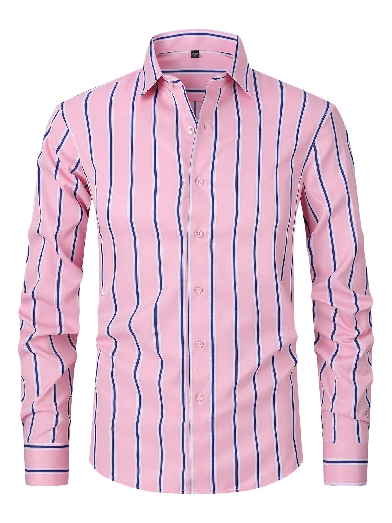 Men's slim fit striped long sleeve business shirt in ice silk fabric on a hanger.