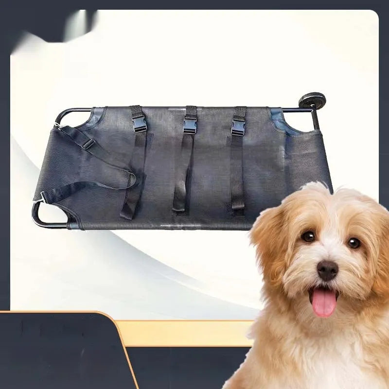 Black aluminium alloy large pet stretcher for emergency dog transfer on a solid background.