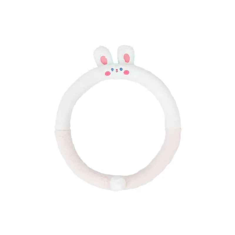 Plush cartoon animal steering wheel cover with rabbit fur trim, fitted on a 38cm car steering wheel.