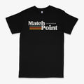 Black men's t-shirt with a white 3D digital printed text pattern on the front, showing a round neck and short sleeves.