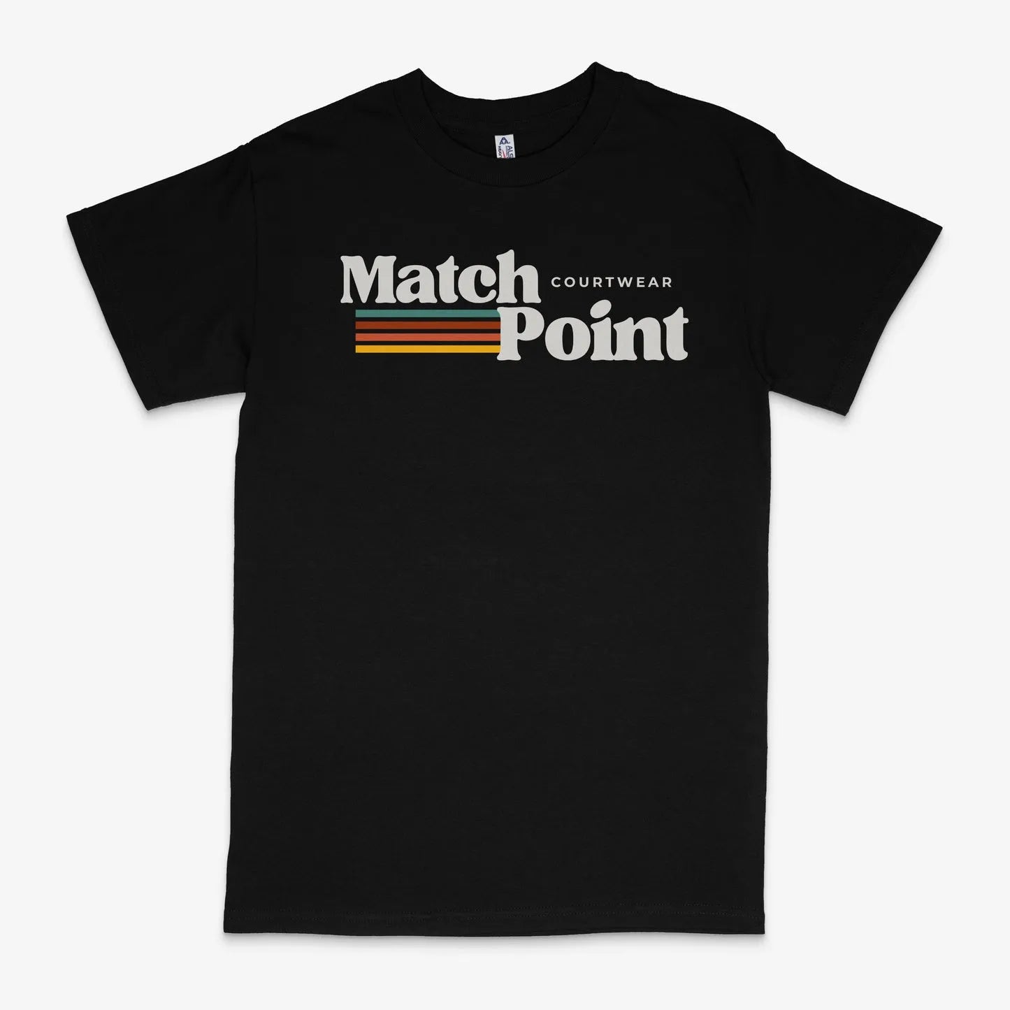 Black men's t-shirt with a white 3D digital printed text pattern on the front, showing a round neck and short sleeves.
