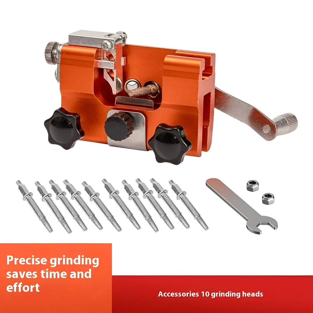 Hand cranking chain sharpener with three silicon carbide grinding heads for portable manual chain grinding