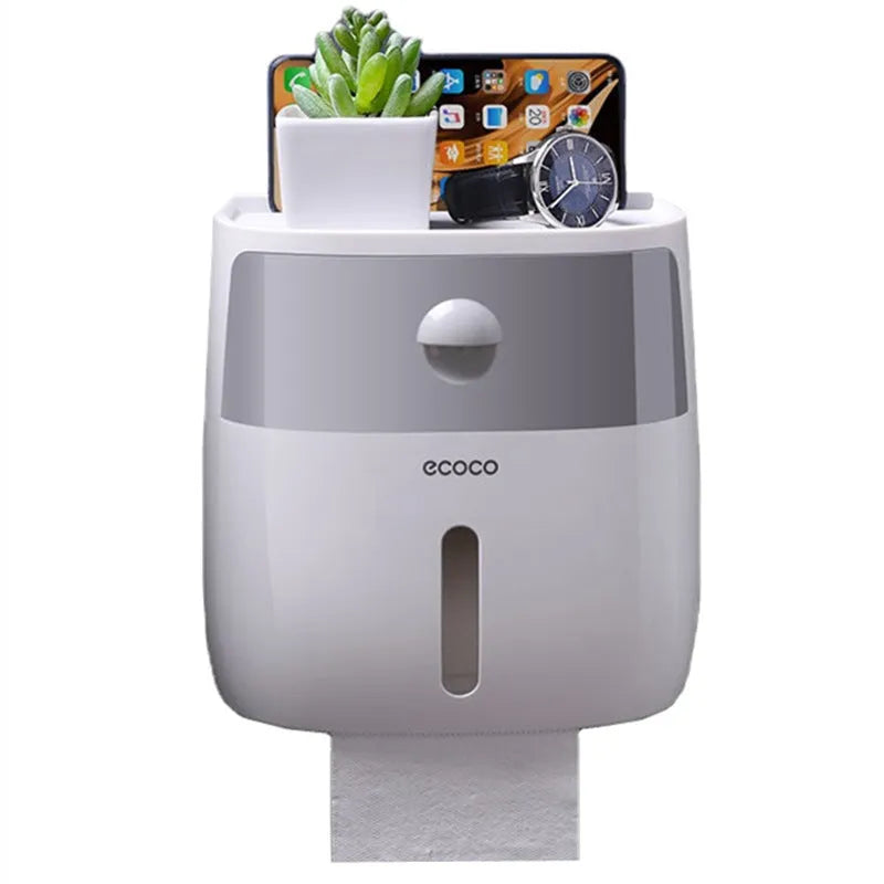 Multi-function double-layer plastic tissue box pumping rack in punch-free waterproof design, black colour option, on bathroom counter