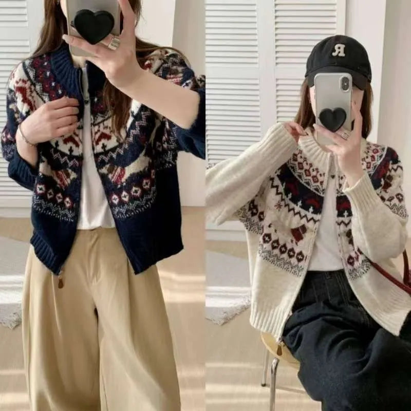 Ethnic style jacquard pullover sweater with 3D pattern in apricot colour