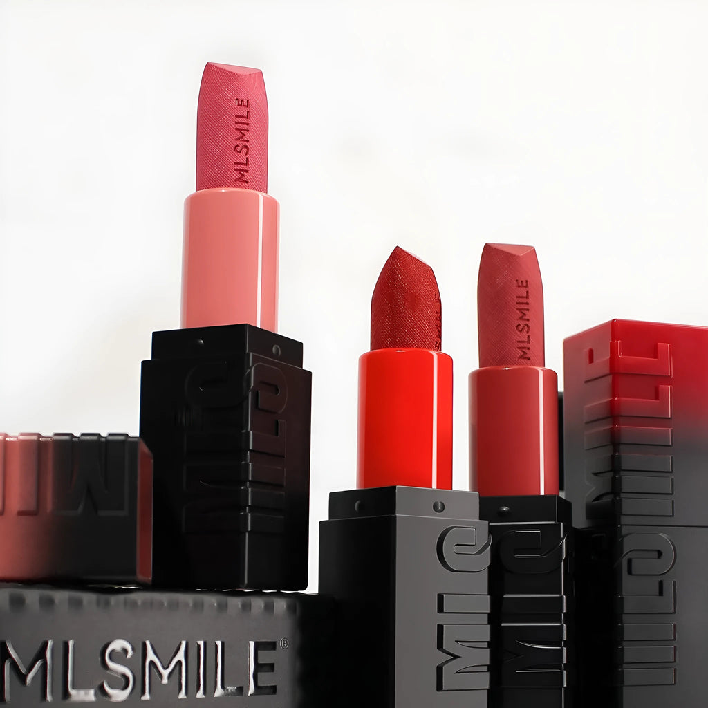 MLSMILE embossed lipstick set of three tubes in a 7.7cm x 6.8cm x 2.4cm box.