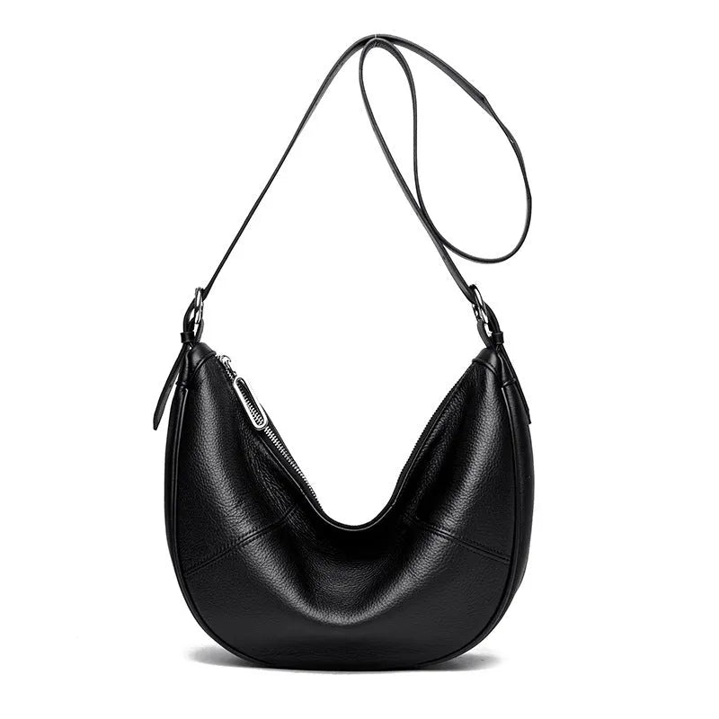 Genuine leather large capacity shoulder messenger bag for men, black, first layer cowhide, sandwich pocket, dumpling shape 26x11x20 cm